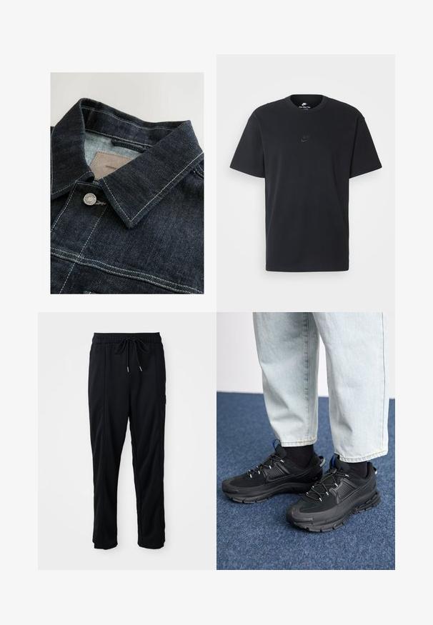 Denim jack met een donkerblauwe kleur, een puntige kraag, zilveren metalen knoop en contrasterende stiksels op het voorpaneel. Getextureerde stof.; Zwarte katoenen t-shirt van Nike met een klassieke ronde hals, korte mouwen en een subtiele, reliëflogo op de borst. Gladde textuur.; Zwarte casual broek met koord in de taille, met zijzakken en rechte pijpen op een effen achtergrond.; Zwarte sportschoenen met gestructureerde stof en rubberen zolen, met elastische veters en een blauwe accent op de hiel. Draag samen met lichte spijkerbroeken.