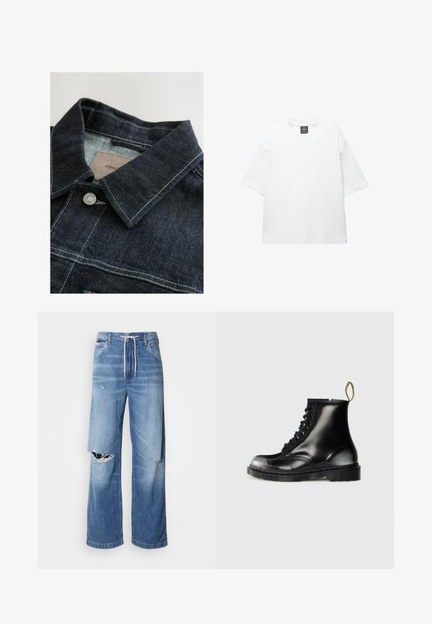 Džínová bunda s tmavomodrou farbou, špicatým golierom, strieborným kovovým gombíkom a kontrastným prešívaním na prednom paneli. Textúrovaná tkanina.; Biely krátky rukáv tričko vyrobené z bavlny, s okrúhlym výstrihom a voľným strihom so rovnomerným lemovaním. Bez vzorov alebo ozdôb.; Svetlomodré džíny s voľným strihom, so bielym šnúrkovým pásom a výraznými roztrhnutiami na prednej strane, ktoré odhaľujú rozstrapkané okraje.; Čierne kožené členkové topánky s lesklým povrchom, s ôsmymi otvorom pre šnurovanie, čiernymi šnúrkami a s náťahovým pútkom. Majú textúrovanú podrážku.