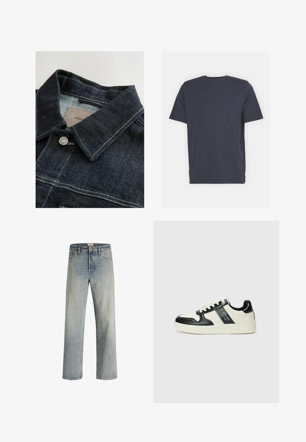 Jachetă din denim cu o culoare albastru închis, guler ascuțit, nasture din metal argintiu și cusături în contrast pe panoul frontal. Material texturat.; Tricou albastru marin cu guler rotund, fabricat dintr-un amestec de bumbac moale, cu mâneci scurte și o croială obișnuită. Fără modele sau accente vizibile.; Blugi din denim de culoare albastru deschis, cu un design drept, talie înaltă și ușoară decolorare. Au cinci buzunare și un sistem de închidere cu nasturi tradițional.; Tenisi din piele cu un scheme de culori negru și crem, dotati cu accente perforate, guler căptușit și o talpă texturată.