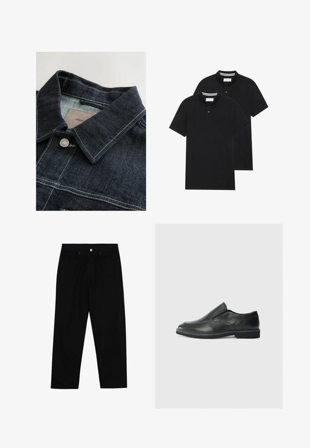 Džinsinis švarkas, pasižymintis tamsiai mėlyna spalva, smailiu apykakle, sidabriniais metaliniais mygtukais ir kontrastingais siūlais priekinėje dalyje. Tekstūruota medžiaga.; Du žaidimų juodos polo marškiniai, trumpomis rankovėmis, pagaminti iš medvilnės, su klasikinėmis apykaklėmis, dviem mygtukais priekyje ir baltais dryžiais apykaklės viduje.; Juoda džinsinė kelnė su tiesiu kirpimu, penkių kišenių dizainu ir priekiniais mygtukais. Lygus paviršius su minimaliu siuvimo detalėmis.; Juodai odiniai įtvirtinimo batai su lygiu paviršiumi, siuvinėjimo akcentais, apvalia nosimi ir žemu guminiu kulnu. Pado raštas minimalus.