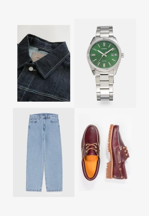 Jeansowa kurtka w ciemnoniebieskim kolorze, z wydłużonym kołnierzem, srebrnym metalowym guzikiem oraz kontrastowym przeszyciem na przednim panelu. Teksturowany materiał.; Biała bawełniana koszulka, okrągły dekolt, krótkie rękawy, luźny krój, gładka faktura, brak widocznych wzorów lub akcentów.; Jasnoniebieskie dżinsy o prostym kroju nogawki, z średnim stanem, pięcioma kieszeniami oraz zapięciem na guzik i zamek błyskawiczny.; Bordowe skórzane buty z brązowymi gumowymi podeszwami, okrągły czubek, białe przeszycia i złote oczka. Wnętrze posiada żółtą podszewkę.; Srebrny zegarek ze stali nierdzewnej z okrągłą zieloną tarczą, srebrnymi znacznikami godzin, wyświetlaczem daty i metalową bransoletą. Wodoszczelny do 50 metrów.