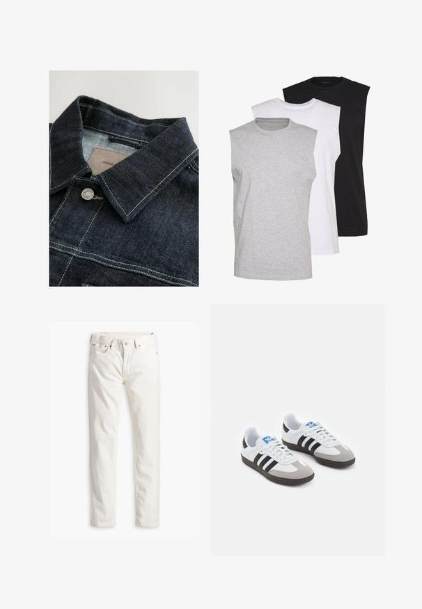 Tummansininen farkkutakki, jossa on terävä kaulus, hopeiset metallinapit ja kontrastivärinen tikkaukset etupaneelissa. Texturoitu kangas.; Kolme ilmanhihaista t-paitaa harmaana, valkoisena ja mustana. Pehmeä puuvillakangas, pyöreä pääntie ja rento malli. Yksinkertainen muotoilu, ei kuvioita.; Valkoiset farkut suoralla leikkauksella, viidellä taskulla, kuparinapit ja niitit sekä hienovaraisesti teksturoitu kangas. Ei näkyviä kuvioita.; Urheilukengät, joissa on valkoinen nahkainen päällinen, harmaa mokkanokka ja kolme mustaa raitaa. Ominaisuuksina sininen logo kielekkeessä ja kuvioitu kumipohja.