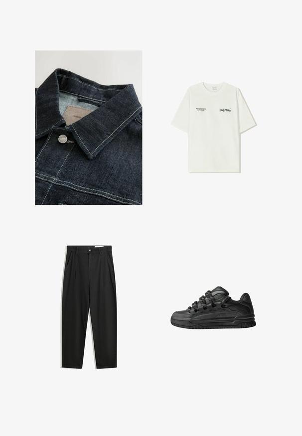 Sötétkék farmerdzseki, hegyes gallérral, ezüstszínű fém gombbal és kontrasztos varrással az elülső panelen. Texturált anyag.; Fehér pamut póló rövid ujjakkal. Az elején fekete szöveg található: "NEM HOLNAP NEM MA" és "A FÖLD BŰVÉSZETE" zöld írással.; Fekete pamut nadrág laza szabással, klasszikus derékrésszel, elülső hajtásokkal és oldalsó zsebekkel. Simább textúra minta nélkül.; Fekete sportcipők sima bőrből készült felső résszel, struktúrált kiegészítőkkel, valamint kerek fekete és fehér fűzőkkel. Vastag gumitalp mintázott bordázattal.