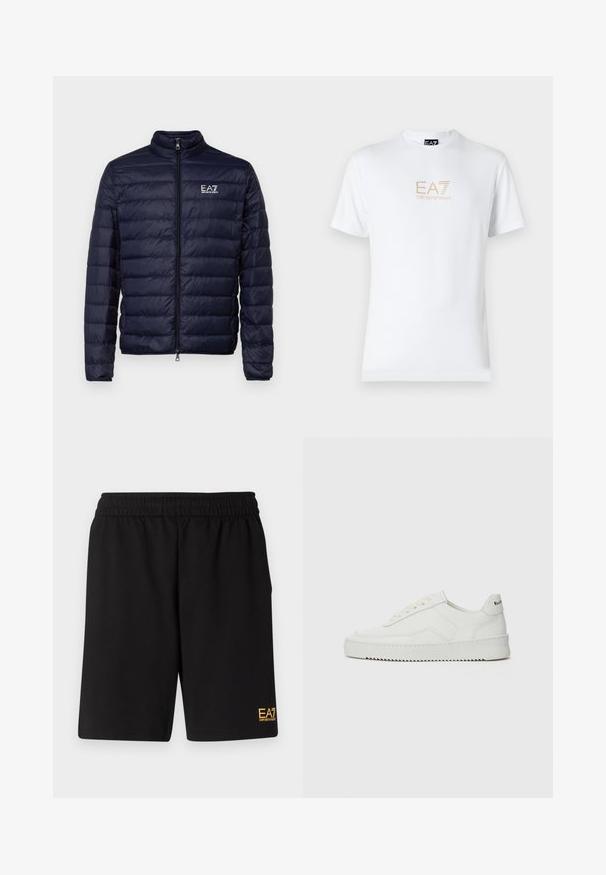 Marinblå puffjacka med dragkedja, har quiltad textur och ståkrage. Logotypen visas på vänster bröst.; Vit bomull t-shirt med rund halsringning och korta ärmar, med en guld EA7 Emporio Armani-logotyp tryckt på framsidan.; Svarta träningsshorts i mjukt tyg, med ett elastiskt midjeband och en liten gul EA7-logotyp på nedre vänstra benet.; Vita lädersneakers med en jämn yta, rund tå, platta snörningar och en strukturerad sula. Har en diskret logotyp på hälen.