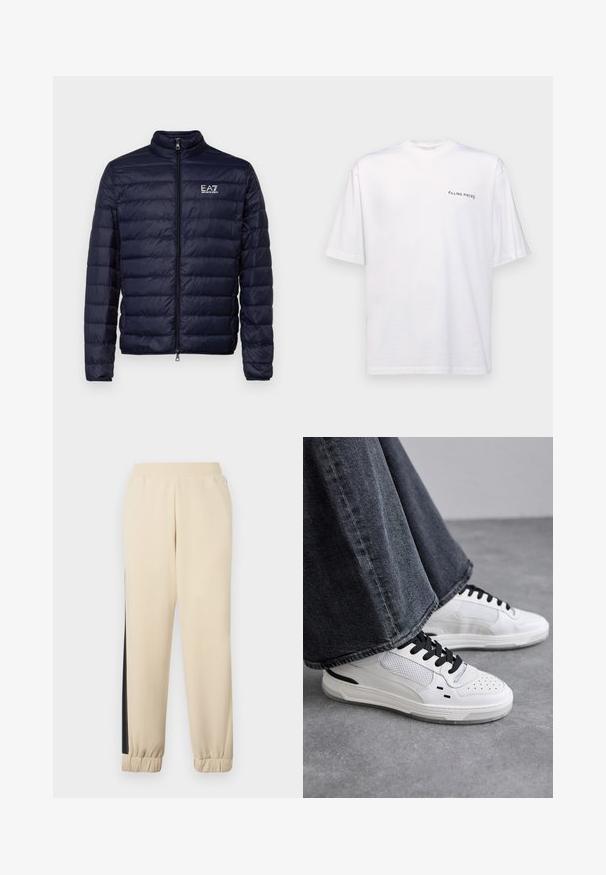 Tamsiai mėlynas pūkinis švarkas su užtrauktuku, turintis siuvinėtas tekstūras ir stovinčią apykaklę. Logotipas rodomas kairiajame krūtinės plote.; Baltas trumpas rankovės marškinėliai iš medvilnės su v-kaklu, su juodu "FILLING PIECES" logotipu, spausdintu kairėje pusėje.; Kremo spalvos sportinės kelnės su juodomis šoninėmis juostelėmis, elastingu juosmeniu ir ribotu rankogaliu. Minkšta medžiaga, laisvas siluetas.; Balsuoti baltieji sportbačiai su juodomis raištelėmis ir tinklo detalėmis. Turintys lygią odinę viršutinę dalį ir tekstūruotą gumos padą. Su plačiais pilkais džinsais.