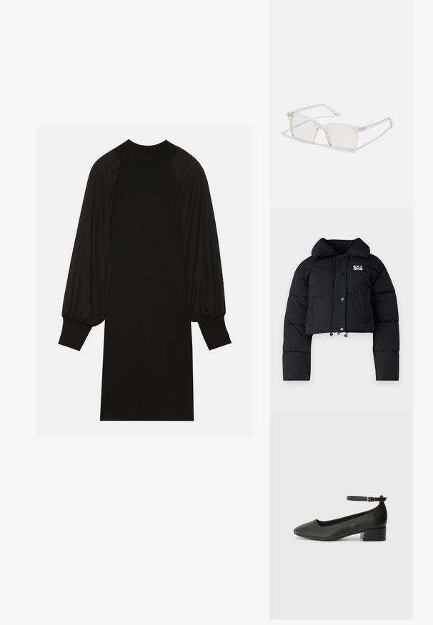 Cropped black puffer jacket with a high collar, snap buttons, and logo detail. Features elastic drawstrings at the hem and padded texture.; Black dress featuring a ribbed fabric with puffed sleeves and a high neckline. The silhouette is straight and falls to the knee.; Black leather pump with a pointed toe and a low block heel. Features an ankle strap with a gold-tone buckle. Smooth texture.; Clear plastic square-frame glasses with translucent lenses, featuring gold accents on the temples for added detail.; Black leather tote bag with two long handles, a smooth texture, and a structured shape. Features a front pocket for additional storage.