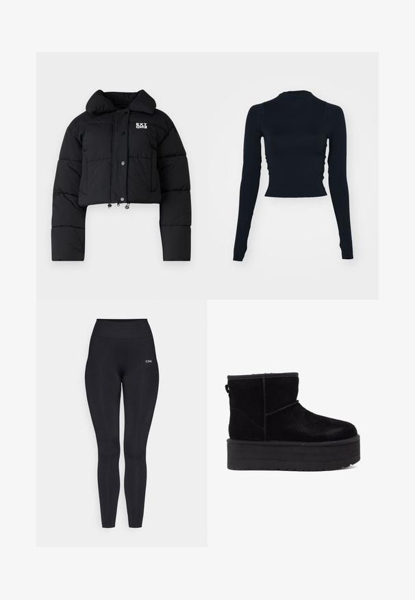 Casaco puffer preto cortado com colarinho alto, botões de pressão e detalhe do logótipo. Apresenta cordões elásticos na bainha e textura acolchoada.; Top cropped preto de mangas longas com um decote alto. Feito de um material liso e ajustado, sem padrões ou detalhes visíveis.; Leggings pretas com uma cintura alta, feitas de um tecido liso e elástico. Apresenta um pequeno detalhe de logotipo perto da cintura.; Botas de tornozelo em camurça preta com uma sola de plataforma grossa e forro macio. Acabadas com costuras decorativas e uma alça na parte de trás para facilitar o calçar.