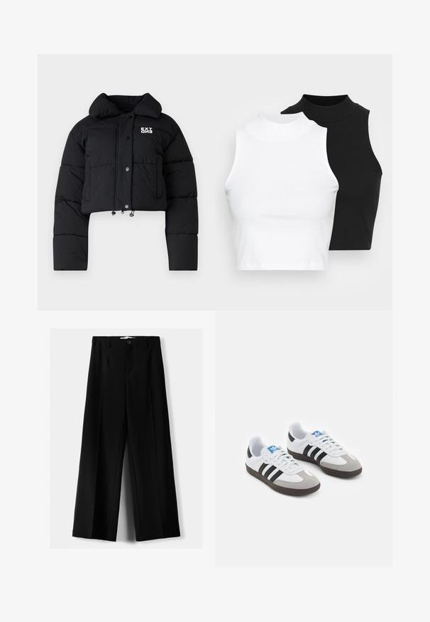 Cropped black puffer jacket with a high collar, snap buttons, and logo detail. Features elastic drawstrings at the hem and padded texture.; Two sleeveless ribbed turtleneck tops in black and white, featuring a fitted design and smooth texture, with cropped length.; Black wide-leg trousers made of lightweight fabric, featuring a front button closure and flat front, with neatly stitched hems.; Sport shoes with a white leather upper, gray suede toe, and three black stripes. Features a blue logo on the tongue and a textured rubber sole.