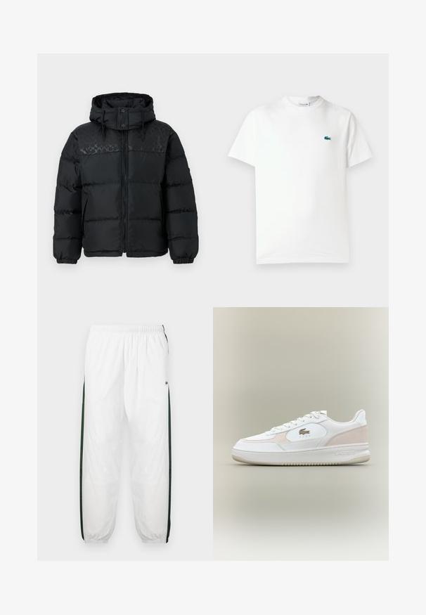 COACH PUFFER JACKET - Dunjacka - black; Vit bomullströja med rundad hals, korta ärmar och en liten grön broderad krokodil-logotyp på vänster bröst.; Vita träningsbyxor med mörkgröna sidopaneler. Lätt material, elastisk midjeband och nedhasade fållar. Har nätstruktur på sidopanelerna.; Vita sneakers med slät läderöverkänsla, anteckningsdetaljer och gummisula. Har präglad logo och snörningsdesign. Minimalistisk estetik.