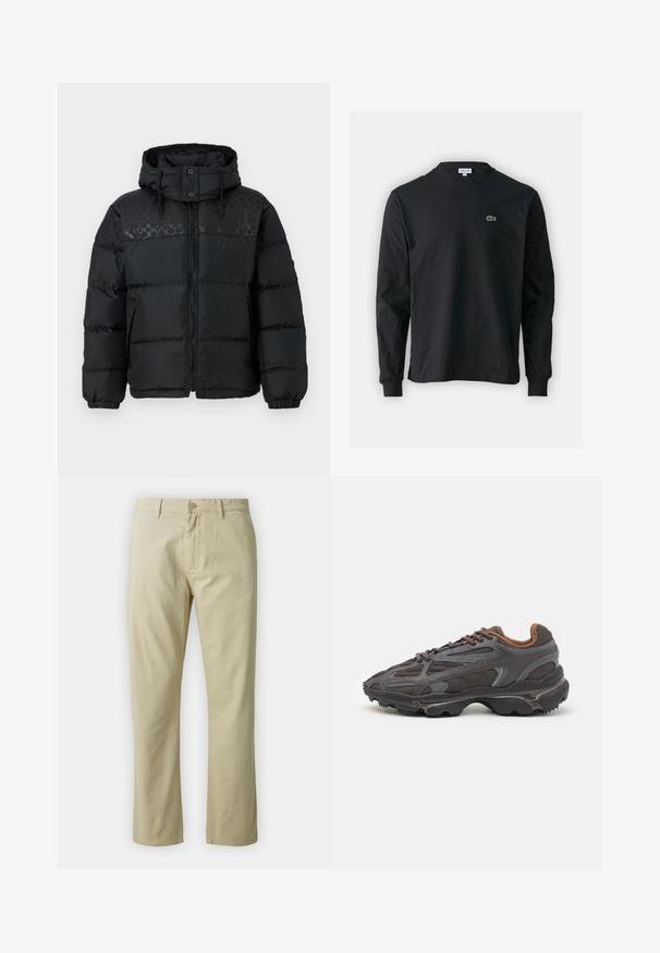 COACH PUFFER JACKET - Dunjacka - black; Svart långärmad t-shirt i bomull, med rund halsringning och en liten grön broderad krokodil-logotyp på vänster bröst.; Beiga bomullsbyxor med rak benform, framknäppning och bälteshällor. Slät textur, inga synliga mönster eller detaljer.; Lacoste-sneakers i mörkgrått med nät och syntetmaterial, med en strukturerad sula och bruna detaljer på kragen och varumärket.