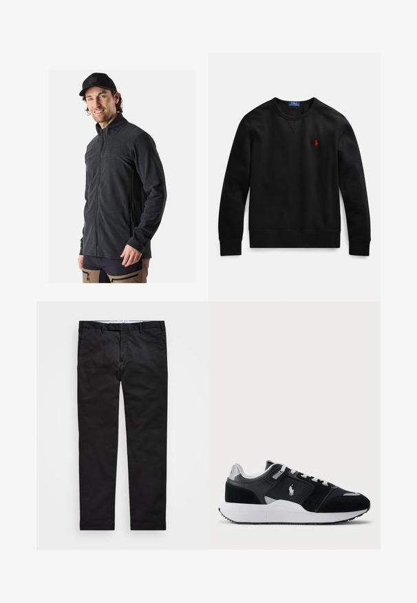 Black fleece jacket with a high collar, full front zipper, and side pockets. Soft texture and fitted design for comfort.; Black crewneck sweatshirt made from cotton material, featuring a small red logo on the left chest, and ribbed cuffs and hem.; Black chinos with a straight-leg fit, made of cotton blend fabric, featuring a zip fly, belt loops, and side pockets. Smooth texture.; Black and white low-top sneaker with mesh and suede upper, white laces, white sole, and a polo player logo on the side.