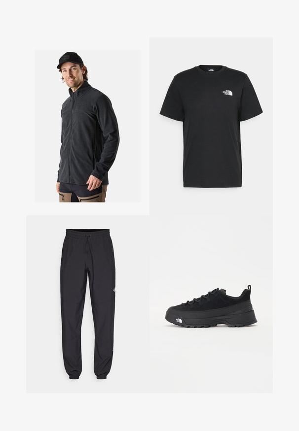 Giacca in pile nera con colletto alto, zip frontale completa e tasche laterali. Texture morbida e design aderente per il comfort.; T-shirt nera in cotone con maniche corte, colletto a giro, e un piccolo logo bianco sul lato sinistro del petto. Design semplice, texture liscia e vestibilità rilassata.; Pantaloni sportivi neri realizzati in tessuto leggero, con vita regolabile con cordino, tasche laterali e orli affusolati alle caviglie.; Sneaker da esterno nera con parte superiore in suede, suola in gomma testurizzata e robusto sistema di allacciatura. Presenta un tallone rinforzato e il logo del marchio sul lato.