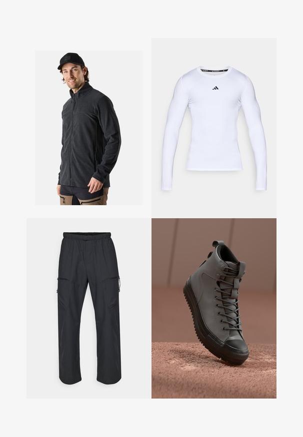 Zwarte fleece jack met een hoge kraag, volledige ritssluiting aan de voorkant en zijzakken. Zachte textuur en een getailleerd ontwerp voor comfort.; Witte langarm sportshirt gemaakt van rekbare stof, met een ronde halslijn en een zwart Adidas-logo op de borst.; Zwarte cargo broek met een elastische tailleband, twee ritszakken en een lichte, zachte stofstructuur.; Hoge sneaker van grijs leer met een gestructureerde afwerking, zwarte rubberen neus en grijze veters. Beschikt over een trekkoord aan de hiel.