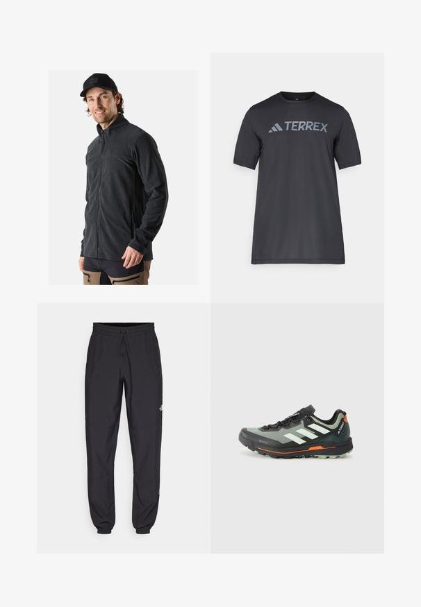 Schwarze Fleecejacke mit hohem Kragen, durchgehendem Reißverschluss und Seitentaschen. Weicher Stoff und taillierte Passform sorgen für Komfort.; Schwarzes T-Shirt mit kurzen Ärmeln aus leichtem Stoff, mit einem hellgrauen "TERREX"-Logo auf der Brust und einem Rundhalsausschnitt.; Schwarze Sporthosen aus leichtem Stoff, mit einem Kordelzugbund, seitlichen Taschen und schmal zulaufenden Bündchen an den Knöcheln.; Leichtgewichtiger Trailrunning-Schuh mit einem grauen und schwarzen Mesh-Obermaterial, orangefarbenen Akzenten und einer robusten Außensohle für besseren Halt. Wasserdichte Gore-Tex-Beschichtung.