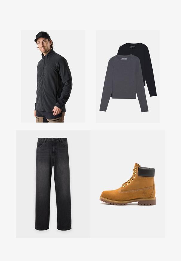 Czarna polarowa kurtka z wysokim kołnierzem, pełnym zapięciem na zamek z przodu i kieszeniami bocznymi. Miękka faktura i dopasowany krój zapewniają komfort.; YOURTURN UNISEX ciemnoszary; Ciemnoszare dżinsy o prostym kroju, z zapinaniem na zamek błyskawiczny, pięcioma kieszeniami oraz subtelnymi efektami przetarcia na materiale.; Beżowe zamszowe botki sięgające kostki z czarną wyściełaną krawędzią, złotymi oczkami, białymi detalami szycia oraz wytrzymałą gumową podeszwą z wyraźnym bieżnikiem.