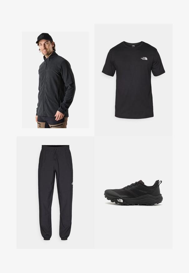 Czarna polarowa kurtka z wysokim kołnierzem, pełnym zapięciem na zamek z przodu i kieszeniami bocznymi. Miękka faktura i dopasowany krój zapewniają komfort.; Czarna koszulka z krótkim rękawem wykonana z bawełny, z okrągłym dekoltem i małym białym logo na górnej lewej części klatki piersiowej.; Czarne spodenki sportowe wykonane z lekkiego materiału, z elastycznym pasem na sznurek, bocznymi kieszeniami i zwężanymi mankietami przy kostkach.; Czarne buty do biegania w terenie z teksturowaną cholewką, gumową podeszwą i wzmocnionym noskiem. Posiadają wyściełany kołnierz oraz uchwyt do łatwego zakładania.