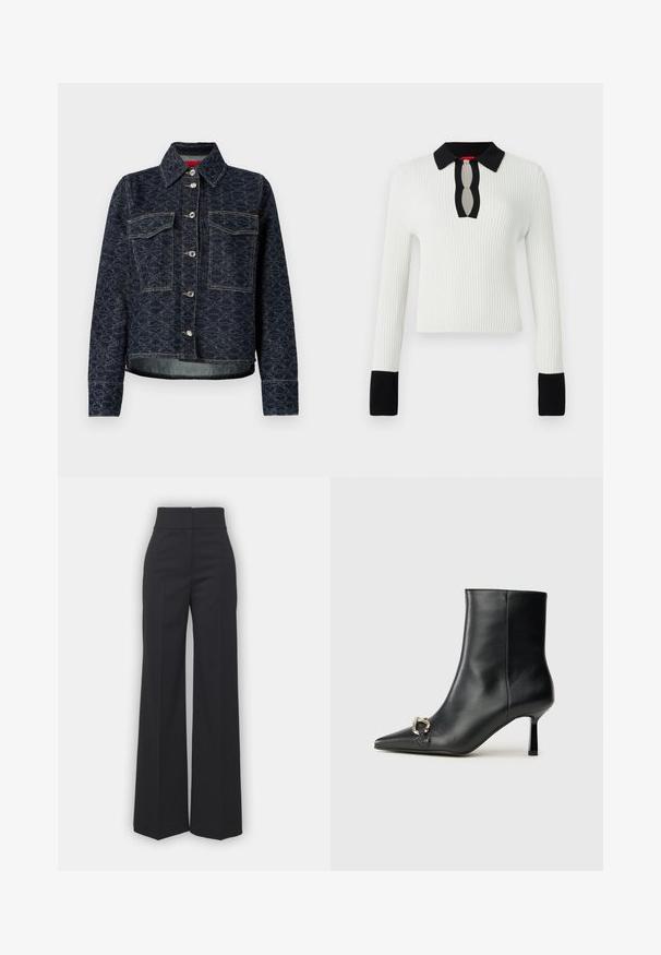 Donkerblauwe denimjack met een bloemenpatroon, voorzien van twee borstzakken, zilveren drukknoopsluitingen en een cropped ontwerp met een licht versleten zoom.; Witte geribde gebreide top met een zwarte kraag en manchetten, met een keyhole halslijn detail. Lange mouwen en een aansluitend ontwerp.; Wijdvallende broek in zwarte stof met een hoge tailleband, met een schone afwerking en een gladde textuur. Geen zichtbare hardware of patronen.; Zwarte leren enkelboot met spitse neus, slanke middenhoge hak en zilveren gespdetail aan de zijkant op een effen achtergrond.