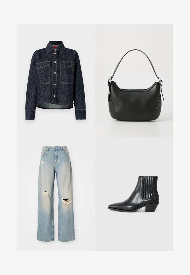 Dark blue denim jacket with a floral pattern, featuring two chest pockets, silver snap buttons, and a cropped design with a slight distressed hem.; Gray sleeveless turtleneck top, body-hugging fit, ribbed texture, smooth fabric, features high neck and stylish shoulder cutouts.; Light blue straight-leg jeans with high waist, belt loops, and distressed rips on the left thigh, right knee, and lower left leg.; Black leather ankle boot with pointed toe, elastic side panels with vertical grooves, and a low block heel. Smooth texture and sleek design.; Black leather handbag with a curved shape, silver zipper, and a short handle. Features a subtle logo on the front and smooth texture.