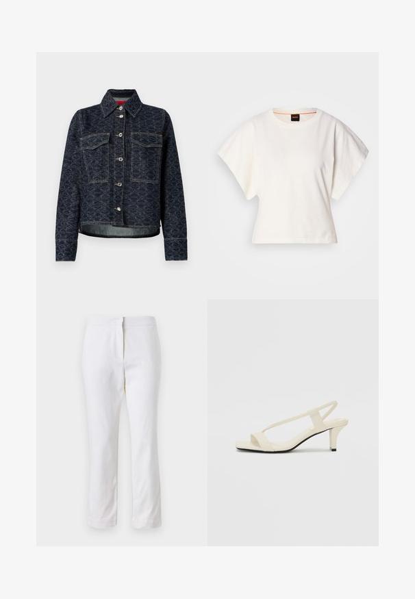 Dark blue denim jacket with a floral pattern, featuring two chest pockets, silver snap buttons, and a cropped design with a slight distressed hem.; White cropped T-shirt, short wide sleeves, soft cotton material, round neckline with subtle orange trim, minimal design, no patterns or graphics.; White cotton pants with a straight leg design, featuring a mid-rise waist and no visible hardware or patterns. Smooth texture throughout.; Beige block-heeled sandals with thin straps and a square toe. Smooth material with minimal detailing, designed for easy wear.