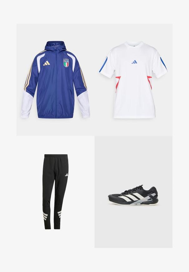 Casaco corta-vento azul-marinho com detalhes dourados e brancos, apresenta capuz ajustável, fecho frontal com zíper e emblema da seleção nacional de Itália.; Camisa atlética branca feita de malha leve, com detalhes azuis nas mangas e desenhos triangulares vermelhos nas laterais. Logótipo da Adidas exibido.; Calças atléticas pretas com um cós elástico, apresentando detalhes refletivos brancos em padrão riscado nas pernas inferiores. Feitas de um tecido suave.; Sapata atlética preta com riscas brancas, parte superior em malha, biqueira arredondada e sola acolchoada. Apresenta um calcanhar texturizado e um sistema de atacadores seguro.