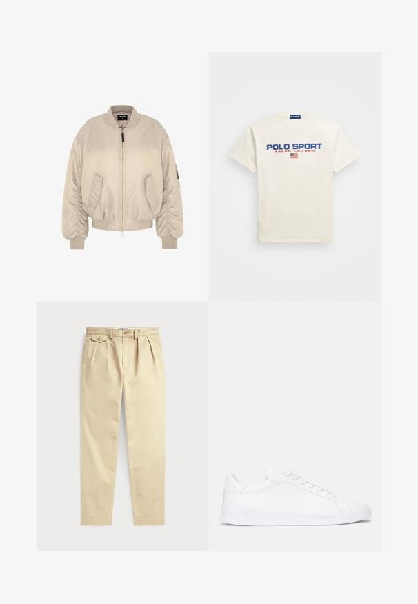 Beige bomber jacket with a zipper closure, ribbed cuffs and hem, and two side pockets. Smooth fabric with a slightly padded texture.; Valkoinen puuvillapaita, jossa on siniset ja punaiset "POLO SPORT" -painatukset, ja pienen Yhdysvaltojen lipun ikonit tekstin alla. Lyhyet hihat, pyöreä kaula-aukko.; Beige puuvillahousut rennolla istuvuudella, joissa on pleat-edestä, kaksi sivutaskua ja nappikiinnitys. Silkkinen kangaspinta.; Valkoinen nahkakengät sileällä pinnalla, jossa on litteät nauhat, pyöreä kärki ja huomaamaton logo sivussa. Paksu valkoinen pohja.