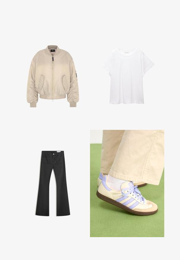 Beige bomber jacket with a zipper closure, ribbed cuffs and hem, and two side pockets. Smooth fabric with a slightly padded texture.; Valkoinen T-paita, joka on valmistettu pehmeästä ja kevyestä kankaasta. Omistaa pyöreän kaula-aukon ja lyhyet, leveät hihat rentoa istuvuutta varten. Ei näkyviä kuvioita.; Mustat leveälahkeiset farkut, jotka on valmistettu sileästä denimmateriaalista. Farkuissa on kaksi takataskua ja nappikiinnitys vyötäröllä.; Kermasilta ja laventelilta näyttävät lenkkarit kolmella raidalla ja teksturoidulla ruskealla pohjalla, varustettuna nauhoilla ja pehmustetulla kantapäällä. Pehmeä kangaspinta.