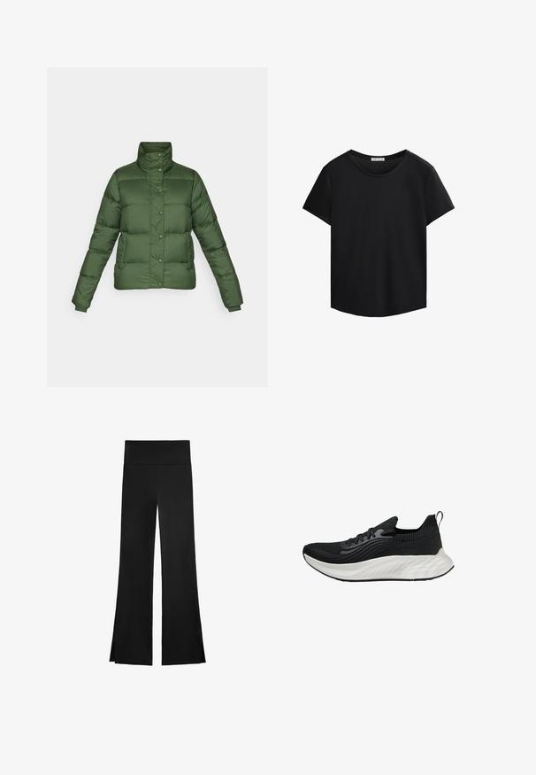 Patagonia SILENT - Jakna ispunjena paperjem - torrey pine green; Crna majica kratkih rukava s okruglim izrezom i perforiranim mrežastim detaljima na ramenima. Glatka tkanina, opušteni kroj, zakrivljeni rub.; Crne hlače širokog kroja, s visokim strukom i bočnim prorezima za lakše kretanje. Izrađene su od glatkog, rastezljivog materijala.; Crna atletska cipela s teksturiranim gornjim dijelom, bijelim jastučićem potplatom i suptilnim brendingom. Ima petlju za povlačenje i vezanje.