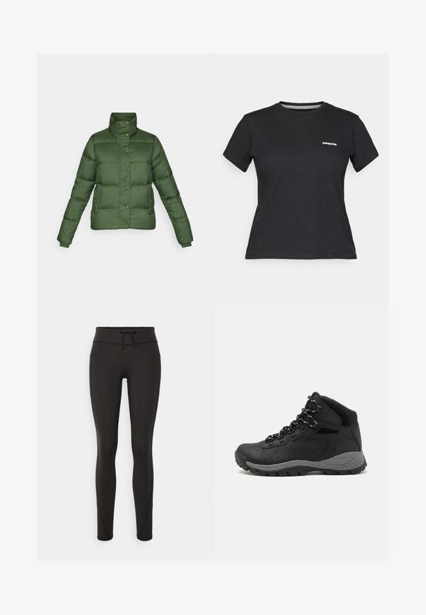 Patagonia SILENT - Down jacket - torrey pine green; Black cotton T-shirt with a round crew neck and short sleeves. Features a white "Patagonia" logo on the left chest area.; Black leggings with a high waistband, drawstring, smooth texture, and fitted design. Features stitching details along the sides.; Black hiking boot with a mid-top design, featuring a textured upper, gray accents, and durable rubber sole with traction lugs.