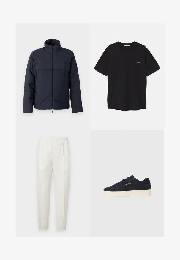 Mörkblå pufferjacka med hög krage, framsidans blixtlås och en horisontell bröstficka. Slät tygtextur med en logotyp på ärmen.; Svart bomull T-shirt med rund hals, korta ärmar och vit logotryck på vänster bröst. Enkel, enfärgad design.; Vita slim-fit byxor med elastisk midjeresår, utrustade med två sidofickor och en slät, lätt glansig yta.; Mörkblå mocka låga sneakers med vit sula, mörkblå snören och "Filling Pieces"-logotyp i guld på sidan.