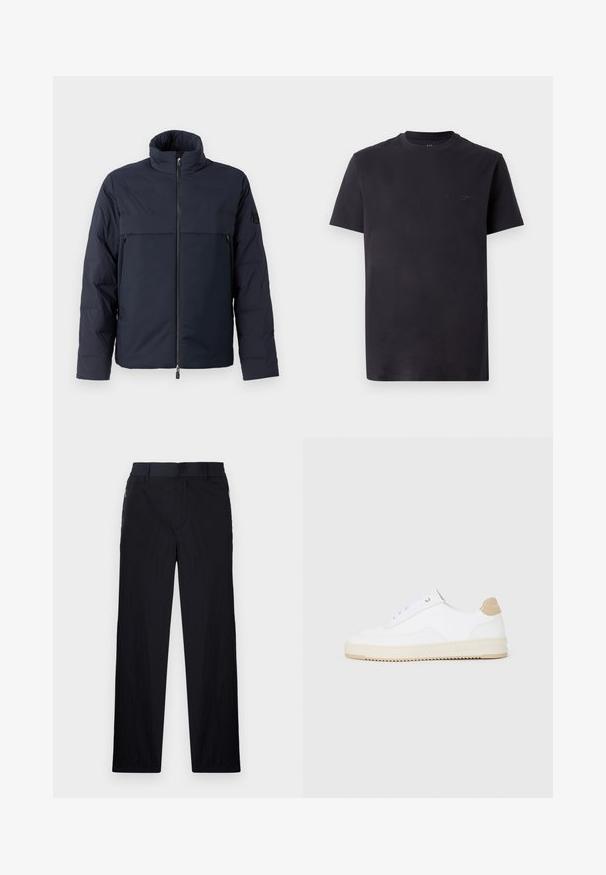 Casaco acolchoado azul-marinho com gola alta, fecho frontal e um bolso horizontal no peito. Textura de tecido suave, apresentando um logotipo na manga.; Camiseta de algodão preta com gola redonda, mangas curtas e detalhe de logotipo em relevo no peito. Textura suave, ajuste descontraído.; Calças pretas com um tecido leve e texturizado, design de pernas retas, cintura elástica e bolsos laterais com fecho.; Sapatilhas brancas de cano baixo com parte superior em couro texturizado, sola cream estriada e detalhe em tan no calcanhar. Apresenta atacadores brancos e detalhe do logótipo no calcanhar.