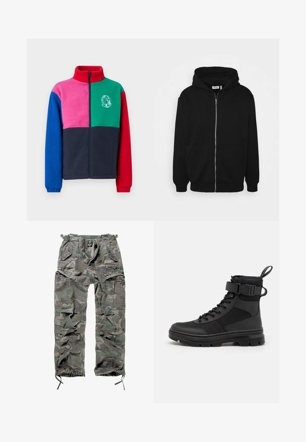 Jachetă din fleece cu guler înalt, închidere cu fermoar și un design în culori bloc de roșu, verde, roz, albastru și bleumarin, având un grafic cu un astronaut.; Hanorac negru cu fermoar, dotat cu glugă ajustabilă printr-un șnur, buzunare frontale, manșete ribbate și o textură de țesătură netedă. Eticheta de marcă este vizibilă în interior.; Tricou alb din bumbac cu mâneci scurte, decolteu rotund, croială lejeră și fără logo-uri sau modele vizibile. Textură netedă și design minimalist.; Pantaloni cargo camuflați în nuanțe de verde și gri, cu multiple buzunare, talie elastică, mansete ajustabile la glezne și un croi lejer.; Botine negre până la gleznă, cu un superior din nylon texturat, design cu șireturi și curea ajustabilă, având o talpă din cauciuc rezistentă pentru o tracțiune îmbunătățită.