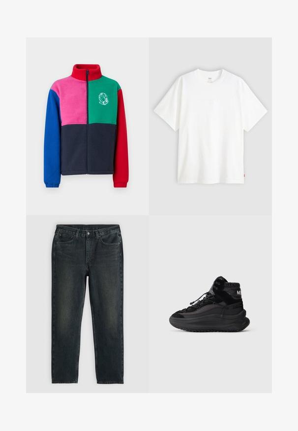 Fleece bunda s vysokým golierom, zipsom a farebným blokovým dizajnom v červenej, zelenej, ružovej, modrej a námorníckej farbe, s grafikou astronauta.; Biela tričko s krátkym rukávom vyrobené z bavlny s klasickým výstrihom. Má jemne embosované logo na prednej strane a červenú etiketu na leme.; Tmavomodré džínsy z denimu so strihom rovného strihu, ktoré majú päť vreciek, zips a kontrastné stehy. Na látke sú jemné ošúchané miesta.; Čierny vysoký tenisky s hrubou podrážkou, šnúrkami na prednej strane, polstrovaným golierom na členku a textúrovanými bočnými panelmi na jednoduchej svetlej pozadí.