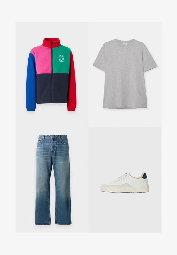 Fleece jacket featuring a high collar, zip closure, and a block color design in red, green, pink, blue, and navy, with an astronaut graphic.; Gray short-sleeve T-shirt made from soft, textured fabric. Features a classic crew neck and a straight hem, suitable for casual wear.; Light blue wide-leg jeans with a faded wash, featuring single-button closure, five pockets, and contrasting stitching.; White sneaker with suede accents, rounded toe, flat laces, and a cream rubber sole. Features green branding on the heel.