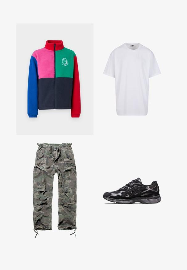 Fleece jacket featuring a high collar, zip closure, and a block color design in red, green, pink, blue, and navy, with an astronaut graphic.; White cotton t-shirt with short sleeves, rounded neckline, relaxed fit, and no visible logos or patterns. Smooth texture and minimal design.; Camo cargo pants in green and gray, featuring multiple pockets, elastic waistband, adjustable ankle cuffs, and a relaxed fit.; Black athletic shoe with a mesh and suede upper, featuring a textured design and a robust, cushioned gray sole.