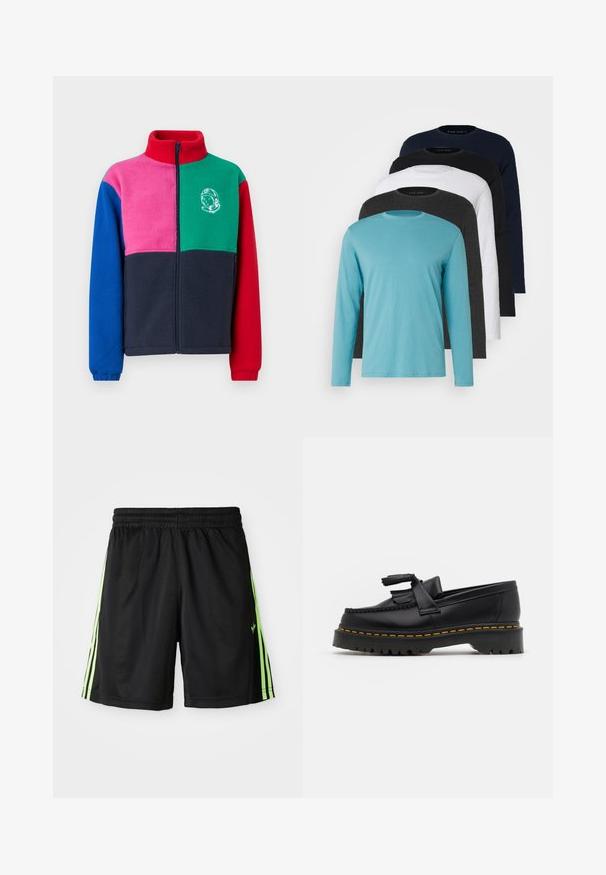 Chaqueta de forro polar con cuello alto, cierre de cremallera y un diseño de bloques de color en rojo, verde, rosa, azul y marino, con un gráfico de astronauta.; Cinco camisetas de manga larga en fila: turquesa, negra, blanca, gris oscuro y azul marino. Tejido suave con diseño de cuello redondo y ajuste estándar.; Pantalones cortos deportivos negros con cintura elástica, que cuentan con dos rayas verticales de color verde neón a cada lado y un pequeño logo en la parte frontal izquierda.; Mocasín de cuero negro con un acento de borlas, que presenta una suela gruesa negra y costuras amarillas a lo largo del borde. Acabado texturizado.