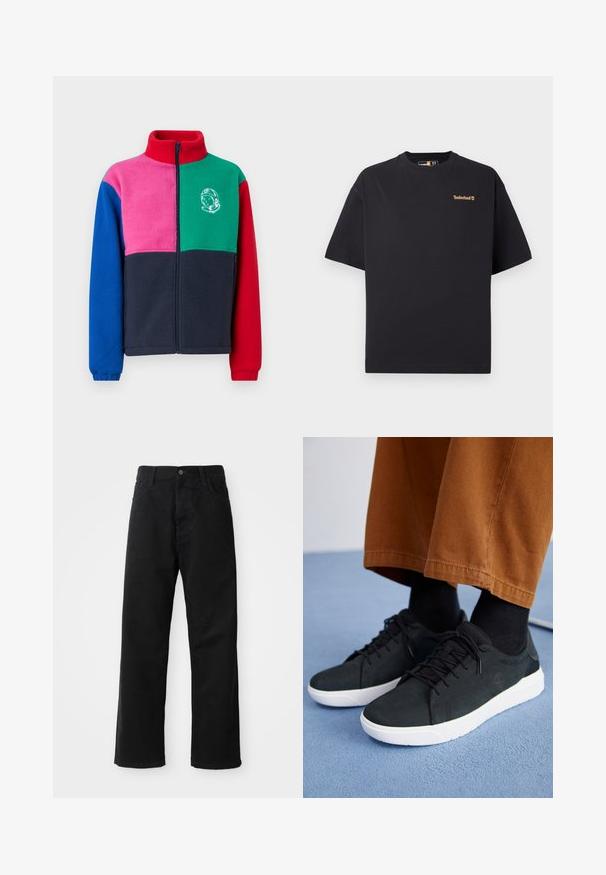 Fliisjakker, millel on kõrge krae, lukuga sulgus ja plokkvärviline disain punases, rohelises, roosas, sinises ja mereväe sinises, koos astronaudi graafikaga.; Must helevarviga must Timberlandi T-särk lühikeste varrukatega ja ümar kaelus, mille ülemises vasakus rinnas on väike beež logo, esitatud valgel taustal.; Mustadest denimist püksid sirge lõikega, mis sisaldavad ees taskuid, lukufliisi ja ühte ülemist nööpi. Tekstureeritud kangas mati viimistlusega.; Mustad suede spordijalatsid valge kummitaldaga, millel on paeltega kinnitamine, tekstuuriga aktsendid ja tagasihoidlik bränding, koos pruuni pükstega.