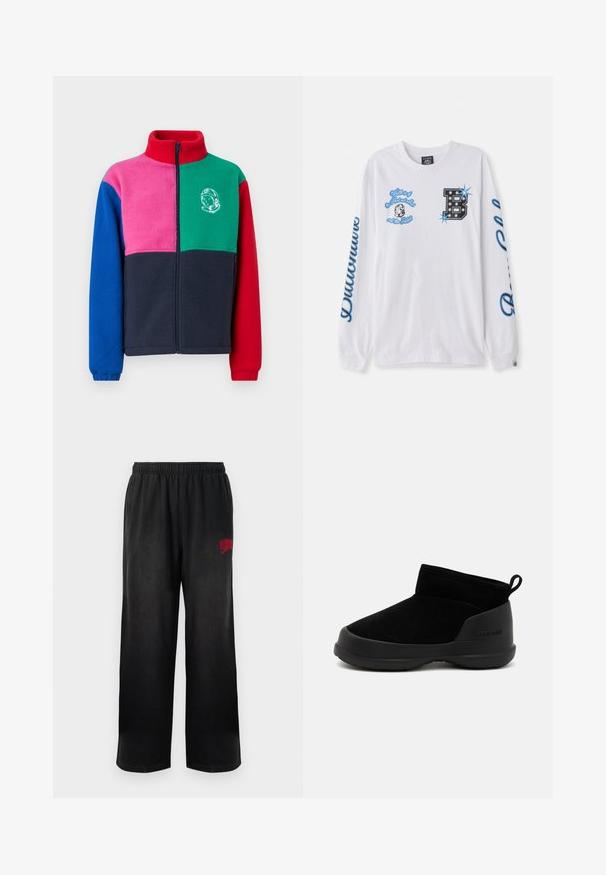 Φλις ζακέτα με ψηλό γιακά, κλείσιμο με φερμουάρ και σχέδιο σε μπλοκ χρωμάτων σε κόκκινο, πράσινο, ροζ, μπλε και ναυτικό, με γραφικό αστροναύτη.; Λευκό μπλουζάκι με μακριά μανίκια από βαμβάκι, με μπλε γραφικά σχέδια που περιλαμβάνουν κείμενο και μια διακοσμητική "B". Διαθέτει στρογγυλή λαιμόκοψη και μανίκια με ρέλι.; Μαύρες φόρμες με ελαστική μέση και πλαϊνές τσέπες. Περιλαμβάνει το κόκκινο λογότυπο "Billionaire Boys Club" στον δεξιό μηρό. Μαλακή, λεία υφή.; Μαύρες μπότες μέχρι τον αστράγαλο με λείο σουέντ άνω μέρος και καουτσούκ σόλα, που διαθέτουν μινιμαλιστικό σχέδιο και θηλιά στο πίσω μέρος για εύκολη τοποθέτηση.