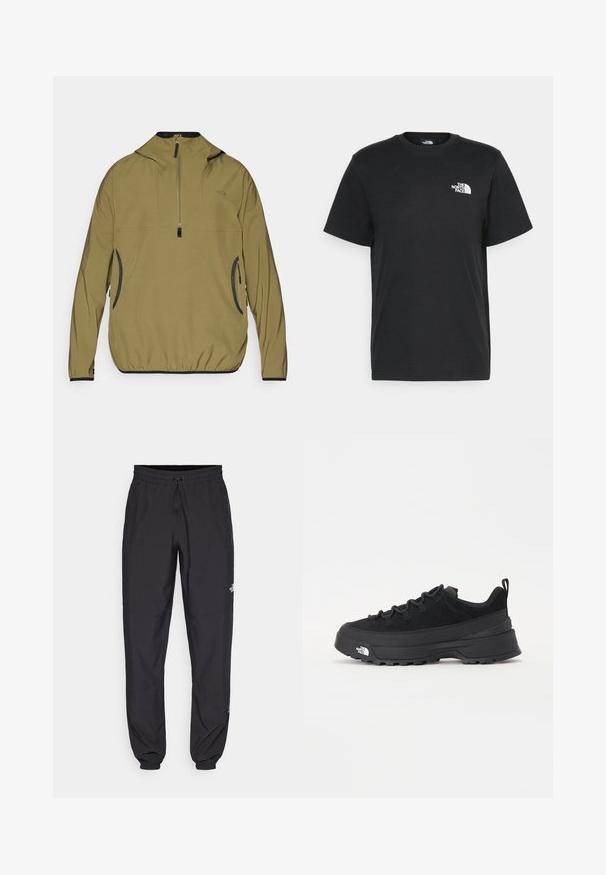 Khaki värvi pullover-jakk, millel on poolpehme lukuga kaelus, kapuuts ja elastsed mansetid. Mustad aktsendid ja külgedel lukuga taskud. Kerge, sile tekstuur.; Musthave musta puuvillane T-särk lühikeste varrukatega, ümmargune kaelus ja väike valge logo vasakul rinnal. Lihtne disain, sile tekstuur ja mugav lõige.; Mustavad sportlikud püksid, mis on valmistatud kergest kangast, joonlauaga taljest, küljetaskudega ja kitsenevate varrukatega pahkluude juures.; Must musta jalats, millel on sametised ülemused, tekstuuriga kummist põhi ja vastupidav sidumise süsteem. Omab tugevdust kannaosas ja brändi logo küljes.