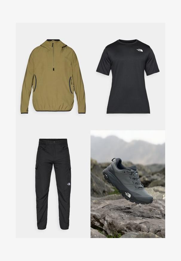 Veste pull en kaki avec demi-fermeture éclair, capuche et poignets élastiques. Présente des accents noirs et des poches latérales zippées. Texture légère et douce.; T-shirt noir à manches courtes en tissu léger et évacuant l'humidité. Présente un logo blanc sur la poitrine gauche et un col rond.; The North Face HORIZON PANT - Pantalons outdoor - black; Chaussure de trail running grise avec un dessus texturé, semelle en caoutchouc durable et chaussure renforcée à l'avant. Comprend des lacets et un logo de la marque sur le côté.