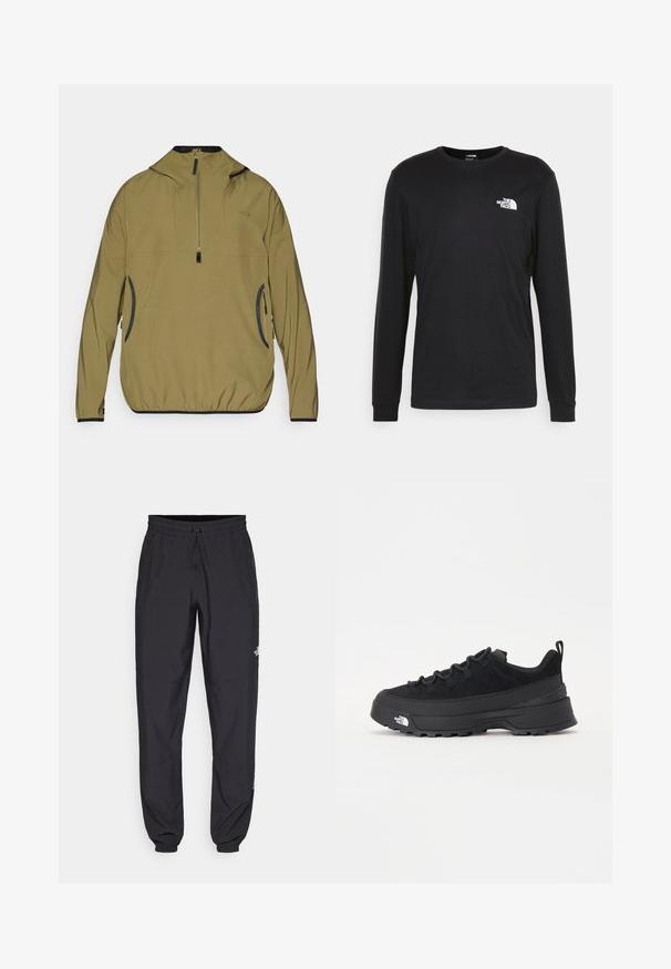 Giacca a pullover khaki con mezzo zip, cappuccio e polsini elasticizzati. Presenta dettagli neri e tasche laterali con zip. Leggera, con una texture liscia.; T-shirt a maniche lunghe nera in cotone, con un logo bianco sul lato sinistro del petto e polsini a costine. Texture liscia con scollatura a girocollo.; Pantaloni sportivi neri realizzati in tessuto leggero, con vita regolabile con cordino, tasche laterali e orli affusolati alle caviglie.; Sneaker da esterno nera con parte superiore in suede, suola in gomma testurizzata e robusto sistema di allacciatura. Presenta un tallone rinforzato e il logo del marchio sul lato.