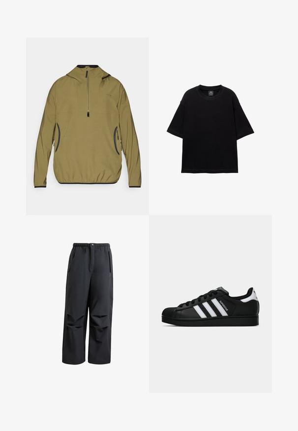 Kašmirni pulover jakna s polu patentom, kapuljačom i elastičnim manžetama. Ima crne detalje i bočne patentne džepove. Lagana, glatka tekstura.; Crna kratka majica s kratkim rukavima od pamuka, s okruglim izrezom i ležernim krojem. Glatka tekstura s minimalnim detaljima šivanja.; Crne, slobodne hlače napravljene od mekanog materijala. Imaju elastičnu struk i zatvaranje na dugme, te dvije bočne džepove s plisiranim detaljima.; Crne Adidas Superstar tenisice s bijelim prugama, konusom na vrhu i natpisom "Superstar" sa strane, prikazane u bočnom profilu na bijeloj pozadini.