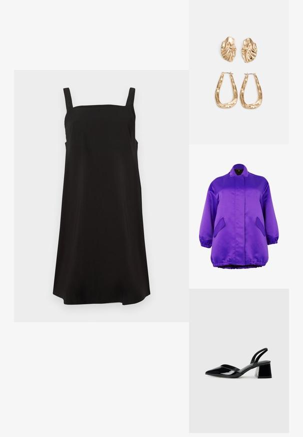 Purple satin jacket with a stand-up collar, elastic cuffs, and two angled side pockets. Features a loose, oversized fit and smooth texture.; Black sleeveless dress with a square neckline, made from smooth fabric, featuring a loose fit and straight cut. No visible patterns or hardware.; Black patent leather slingback heels with a pointed toe and a geometric block heel. Features a sleek, minimal design and smooth texture.; Gold-tone earrings featuring textured, wavy shapes. Includes sculptural clip-on studs and open hoop design with a hammered finish.