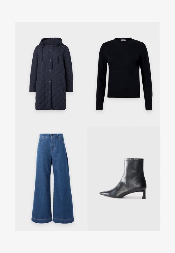 Weekend Max Mara ERIO - Light jacket - navy; Black knit sweater with a crew neck and long sleeves. Features a smooth texture and ribbed cuffs, offering a classic fit and design.; Wide-leg jeans in medium blue denim, featuring a high waistband, front pockets, and contrast stitching along the seams and hems.; Black leather ankle boot with a pointed toe and a sleek design. Features a low heel and a zipper closure at the back. Smooth texture.
