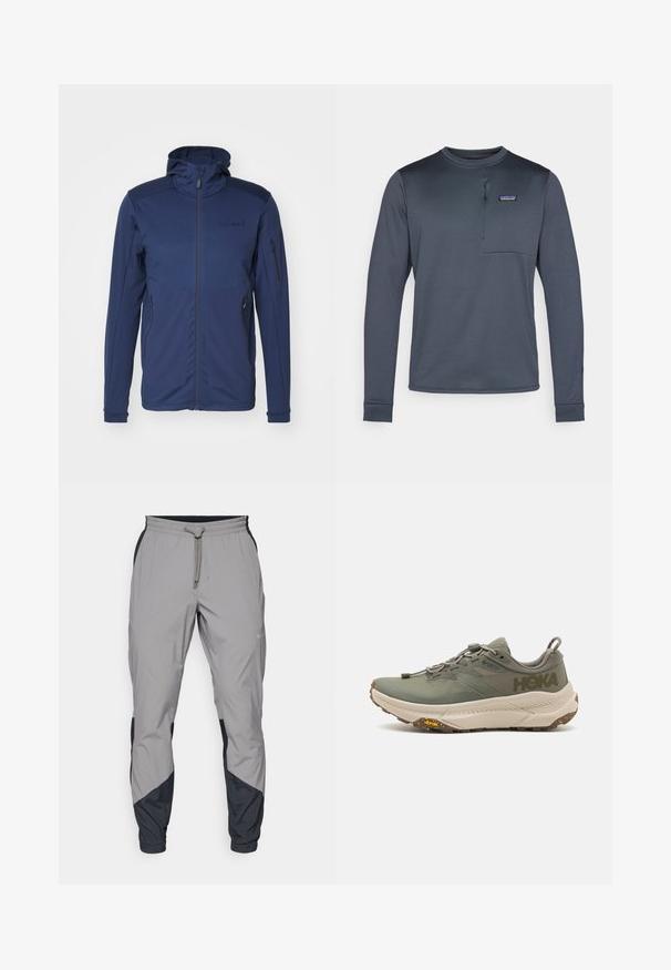 Tumedas sinine jakk koos täispika tõmblukuga, reguleeritava kapuutsiga ja kahe tõmblukuga taskuga. Sile tekstuur, kontrastsete õlapaneelidega.; Pikad varrukad, tumesinised sünteetilised särk, millel on ümar krae, rinnatasku ja poole tõmbluku sulgemine. Sile tekstuur ja kitsas disain.; Kergedatud hallid sportlikud püksid mustade aktsentidega. Elastne vöökoht, stringiga sulgemine, kitsenev jala disain ja küljetaskud.; Roheline Hoka jooksuvariant Gore-Tex ülaserva, tekstuursete aksentidega, elastsete paeltega ning paksu beezise välispinnaga, millel on Vibrami logo.