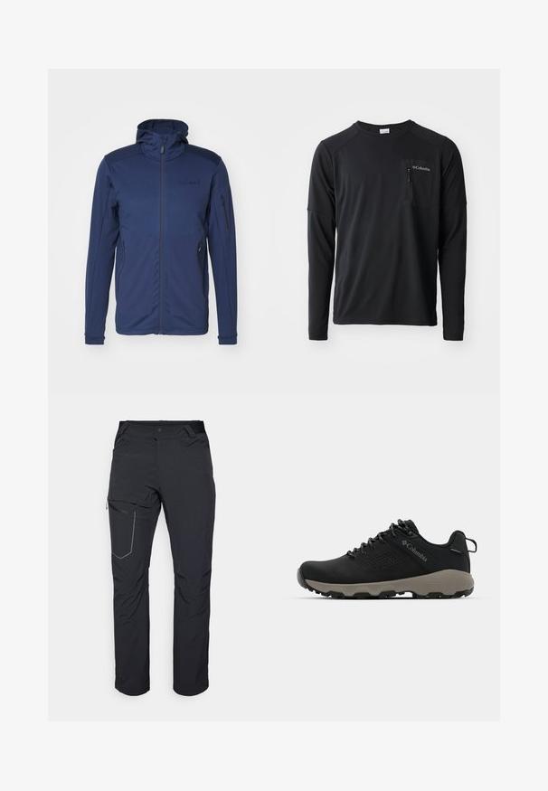 Tumedas sinine jakk koos täispika tõmblukuga, reguleeritava kapuutsiga ja kahe tõmblukuga taskuga. Sile tekstuur, kontrastsete õlapaneelidega.; Columbia COLUMBIA TECH™ LONG SLEEVE CREW - Pikkade varrukatega topp - black; Mustad musta värvi välispüksid, millel on tõmblukuga reiepocket, elastne vöökoht ja sile, veekindel kangas. Puhas disain ilma nähtavate logodeta.; Mustad matkajalanõud musta ülemise osaga, sileda pinnaga, perforatsiooni disainiga, hallal väljal ja tugevdatud kontsaga. Omab paelu ja tõmbetaba lihtsaks selga panemiseks.