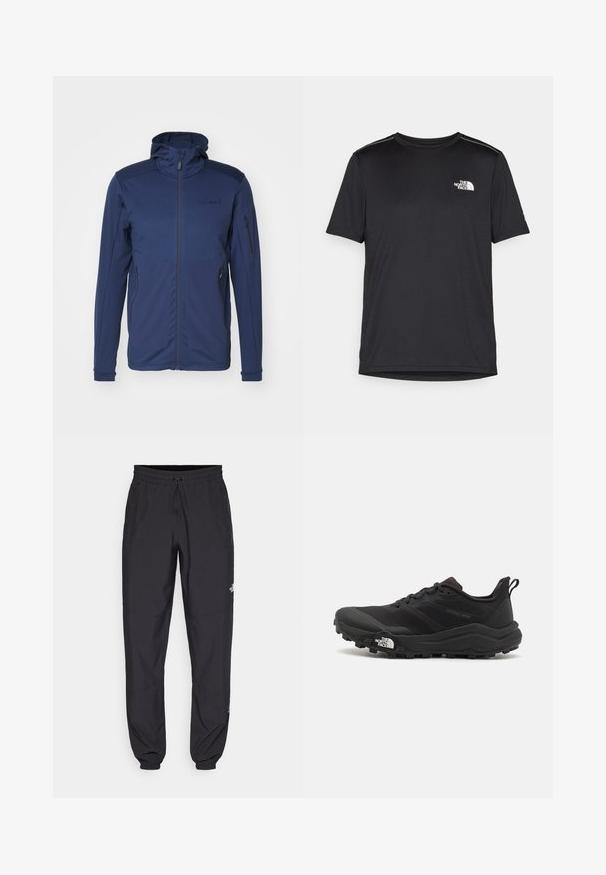 Tengerészkék dzseki teljes cipzárral, állítható kapucnival és két cipzáras zsebbel. Simaságával és kontrasztos vállpaneljeivel tűnik ki.; Fekete, rövid ujjú póló, könnyű anyagból készült. Bal mellen egy kis fehér logó található, és finom vállrész kiemelések.; Fekete sportnadrág, könnyű anyagból készült, húzózsinóros derékkal, oldalsó zsebekkel és szűkített szárakkal a bokáknál.; Fekete terepfutó cipő, textúrált felső résszel, gumitalppal és megerősített lábujjrészével. Párnázott bokarésszel és húzófüllel rendelkezik a könnyű felhúzáshoz.