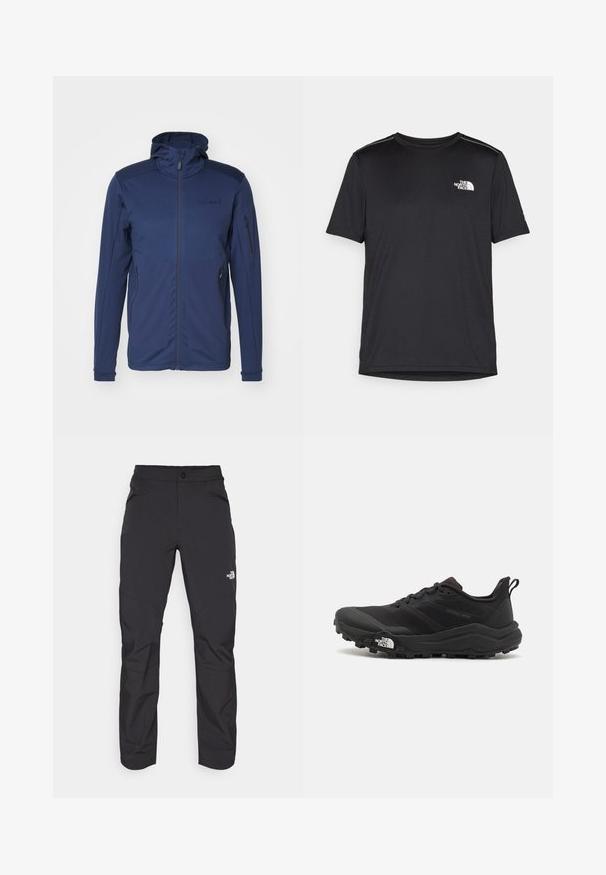 Námořnické modré sako s úplným zipem, nastavitelnou kapucí a dvěma kapsami na zip. Hladká textura s kontrastními ramenními panely.; Černé tričko s krátkým rukávem vyrobené z lehkého materiálu. Má malé bílé logo na levé části hrudi a decentní akcenty na ramenech.; Černé venkovní kalhoty s kapsou na zip na přední straně, syntetický materiál, zúžené nohavice a zesílené panely na kolenou. Vybaveny knoflíkovým zapínáním.; Černé trailové běžecké boty s texturovaným svrškem, gumovou podrážkou a vyztuženou špičkou. Obsahují polstrovaný límec a poutko pro snadné obouvání.