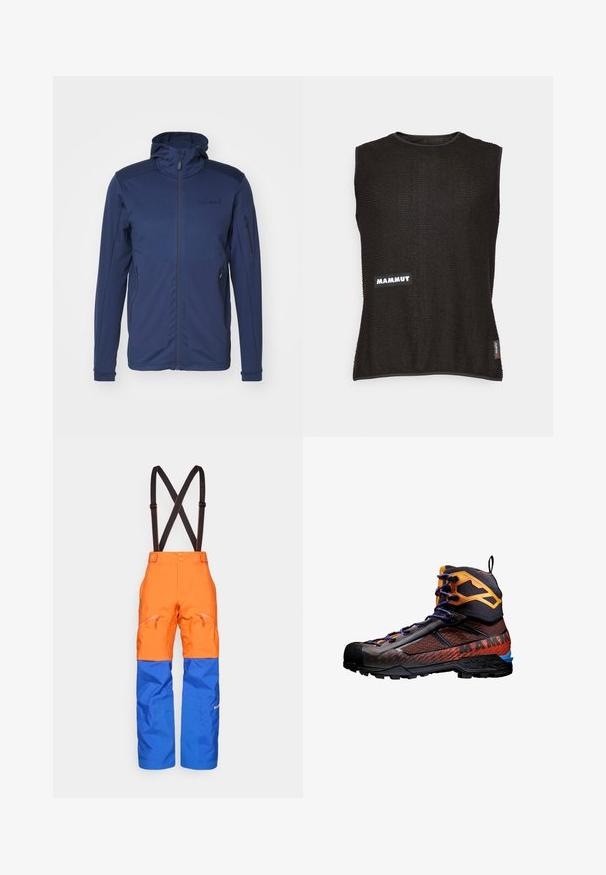 Granatowa kurtka z pełnym zamkiem błyskawicznym, regulowanym kapturem i dwiema kieszeniami na zamek. Gładka tekstura z kontrastującymi panelami na ramionach.; Bezrukawnik w kolorze czarnym z teksturowanego materiału, z białym logo "Mammut" oraz małą czerwoną metką z boku, okrągły dekolt.; Pomarańczowe i niebieskie wodoodporne spodnie z czarnymi regulowanymi szelkami, zapinanymi na zamek kieszeniami z przodu oraz wzmocnionymi panelami na kolanach, idealne do aktywności na świeżym powietrzu.; Czarny i pomarańczowy but trekkingowy wykonany z siatki i gumowych materiałów. Posiada niebieskie akcenty, teksturowane wzory oraz wysoką cholewkę dla wsparcia.