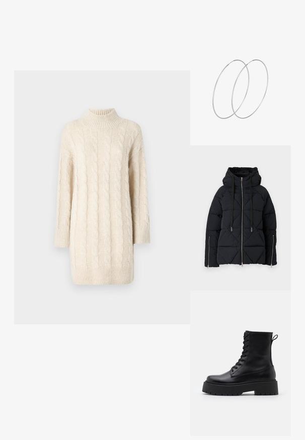 Melnā pūkaina jaka ar dimanta šuvju rakstu, kapuci, regulējamām auklām un divām priekšējām ar rāvējslēdzējiem kabatām. Sudraba rāvējslēdzēji uzsver dizainu.; Krēmkrāsas kabelisadīts džemperis ar augstu apkakli, trīs ceturtdaļu piedurknēm un ribotu apakšmalu. Iezīmējas ar teksturētām rakstu līnijām un brīvu piegriezumu.; Melni ādas potītēm zābaki ar apļveida purngalu, auklām priekšpusē un biezu gumijas zoli ar teksturētu protektoru. Velkšanas cilpa aizmugurē.; Sudraba gredzenveida auskari ar minimālistisku dizainu. Cirkulāra forma, gluda tekstūra un plāns profils. Vieglu svaru ar spīdīgu apdari.