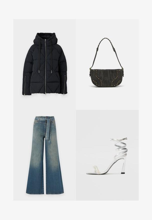 Crna puf jakna s uzorkom dijamanta, kapuljačom, podesivim trakama i dva prednja zip džepa. Srebrni zatvarači ističu dizajn.; Crni top bez ramena s skupljenom teksturom na izrezu, kratkim rukavima i uklapajućim krojem. Napravljen od rastezljivog materijala.; Široke traperice s gradijentom od svijetloplave do tamnoplave, visokog struka, petljama za remen i remenom od istog materijala. Teksturirana traper tkanina.; Srebrna sandala na visokoj potpetici s sjajnim dizajnom trake, s akcentom nalik biseru i spiralnom trakicom za gležanj radi sigurnog držanja.; Crna nubuk torba s zakrivljenim dizajnom, koja sadrži detalje od zakovica i teksturiranu površinu. Podesiva naramenica s detaljima od zakovica duž ruba.